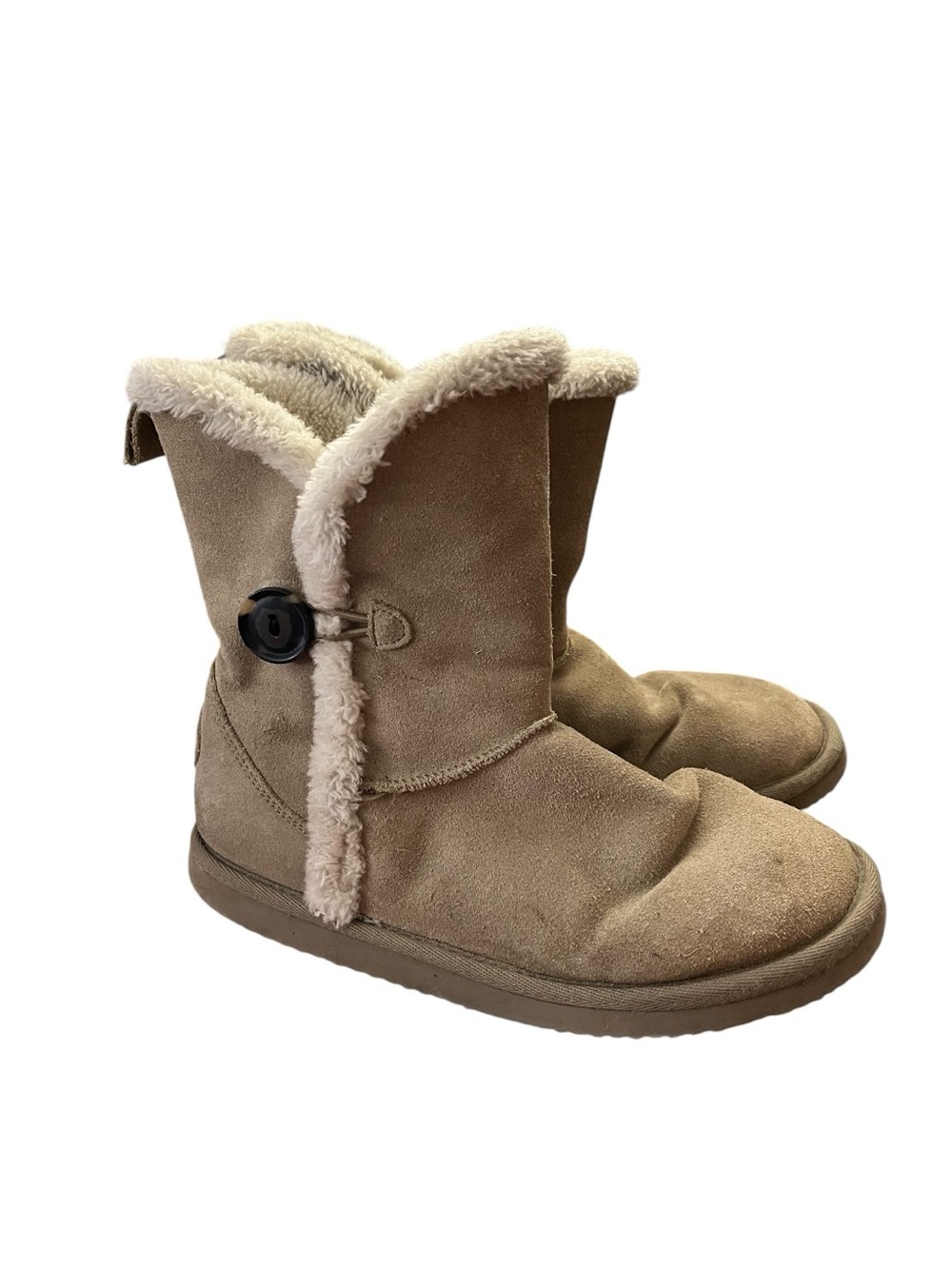 American Eagle Faux Suede Winter Boots Sherpa Lined Button Accent Beige 8